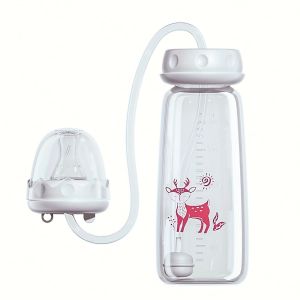 MKEB Normal-Neck Hands-Free Baby Bottle 8oz/240ml with Straw Brush Milk Storage Bottle Creative Self-Feeding Feeding Bottle Set
