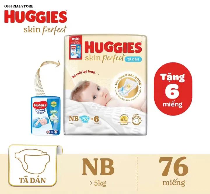 Tã dán Huggies Skin Perfect size NB 70 (Dưới 5 kg), S 54, S80 (4-8kg), M46, M76 (6-11kg), L68 (9-13 kg)