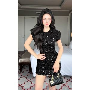 Đầm tiệc sequin Khiết Style đen lấp lánh thiết kế đệm vai đứng form sang chảnh KD376
