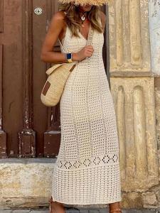 S - XL 2025 V Neck Hollow Out Crochet Knitted Tunic Beach Cover Up Long Cover-ups Beach Dress Beach Wear Beachwear Female Women2026