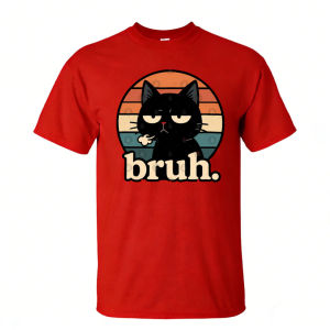 [Local Stock] HBESTY  Bruh Black Cat Men Tshirt Retro Sunset Black Cat Cartoon Funny Slogan Graphic Trendy Versatile Mens Short Sleeve Attire