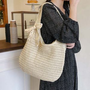 HOLLYII with Ribbon Woven Tote Bag Hollow Out Breathable Summer Beach Handbag Sweet Large Capacity Shopping Straw Bag Female