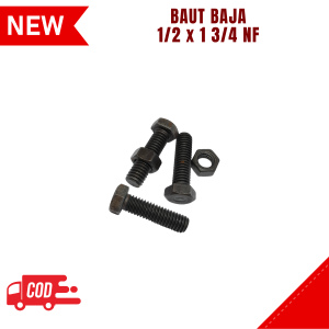 Baut Mur Baja Ukuran 1/2 x 1 3/4 NF Universal drat Kasar warna kuningan dan hitam bahan besi 1 pcs