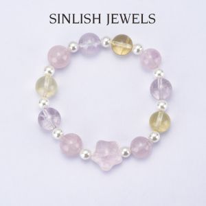 SINLISH Star Rose Quartz Bracelet Natural Crystal Beads with Pearl Accents Dreamy Jewelry