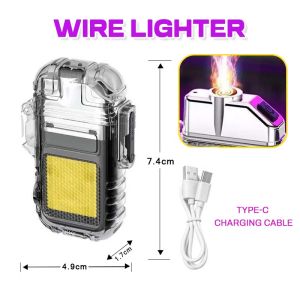 Wire Lighter Flashlight USB Charging Electric Torch Portable Lighter With LED Keychain Waterproof Windproof Type-C For Outdoor Camping Hiking