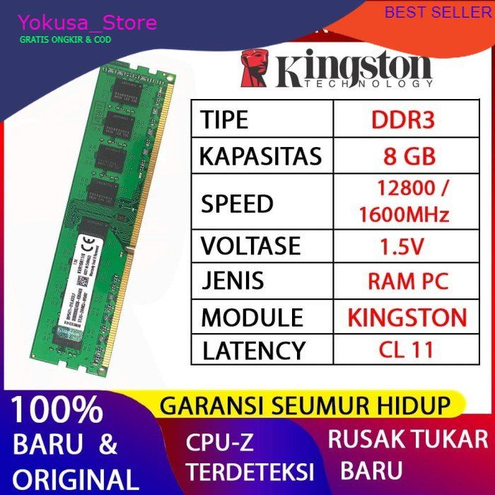 RAM PC KINGSTON DDR3 8GB 12800 1600MHz ORI RAM KOMPUTER RAM PC