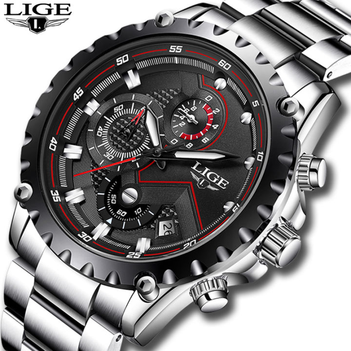 LIGE Luxury Men Watch Black Stainless Steel Waterproof Chronograph Analog Quartz Jam Tangan Lelaki Lazada