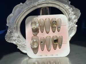 100% buatan tangan buatan tangan mewah mewah mewah flash berlian  cermin serbuk kuku perancis cahaya mentol kucing mata champagne kuku Phototpy tekan pada kuku boleh dia semula dan kuku boleh tanggal dengan Toolkit