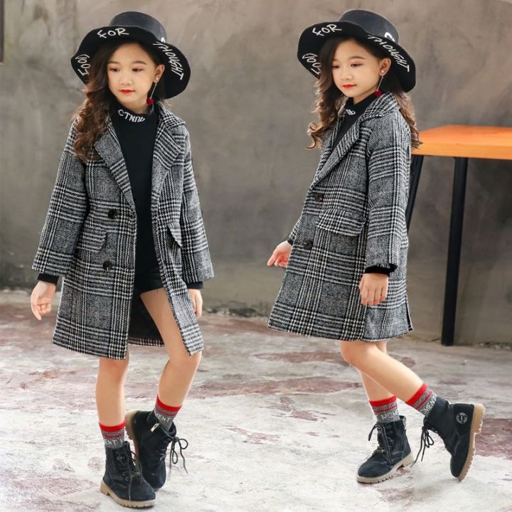 IN stock】2023 Girls Coat Fashion Plaid Wool Coat Girls Double-breasted Kids  Outerwear Autumn Thick Winter Clothes Girls 6 8 10 12 14Yrs