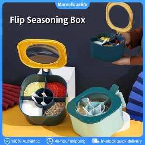 4 In 1 Seasoning Box with Spoon Multi Compartment Salt Pepper Spice Jars Condiment Container Kitchen Accessories