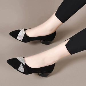 Free Shipping Elegant Soft Leather And Soft Sole Shoes New Autumn Collection Rhinestone-Embellished Suede Flats WomenS Mid-Heel Comfortable Pointed-Toe Pumps