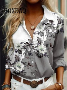 2026 Womens Shirt Blouses Flowers Printing Button Loose Long Sleeve Tops Casual Elegant Fashion Lapel Spring Autumn Lady Blouse