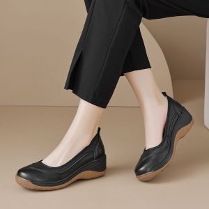Free Shipping WomenS Thick-Soled Loafers Soft Leather Round Toe Slip-On Style New Autumn Casual High-Heeled Shoes