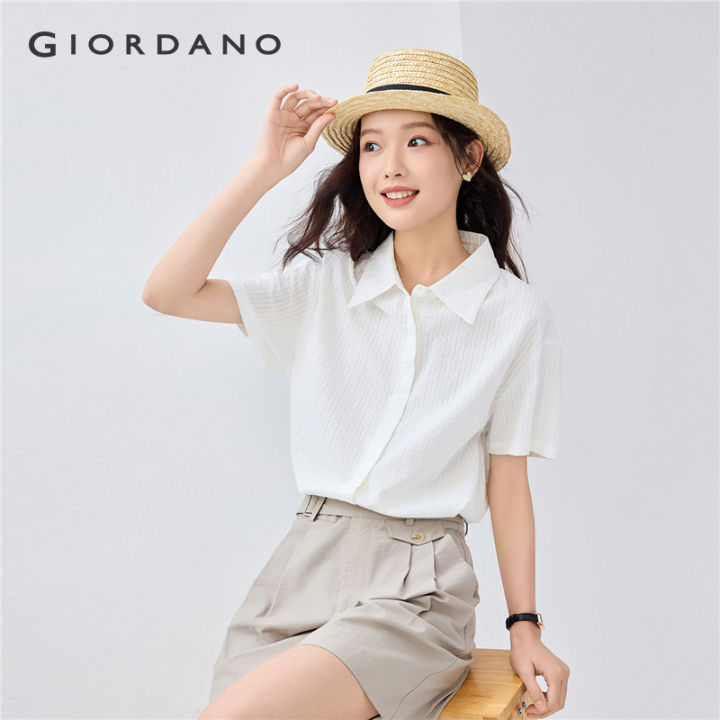 GIORDANO Women Shirts 100% Cotton Subtle Jacquard Stripe