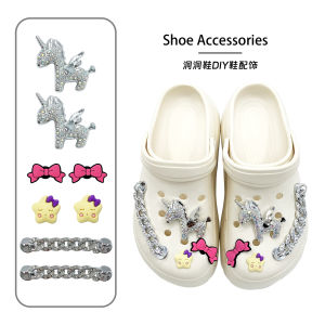 8Pcs Crocs Jibbitz Charms Silver Diamond Studded Unicorn Bow Shaped Shoe Buckle Diamond Studded Shoe Chain Decoration for Crocs