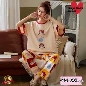 Baju Tidur Wanita Remaja Import Merah Krem Lengan Pendek Piyama Wanita Bahan Katun Baju Harian