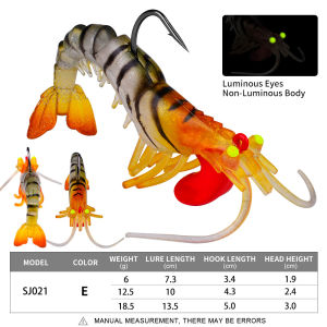 PROBEROS 1PCS Sinking Shrimp Lure 6g 13g 19g Jigging Soft Plastic Fishing Lures Long Casting Luminous Prawn Bait with Jig Head Hook Fishing Tackle SJ021