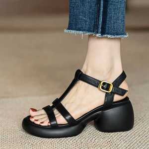 [Free Shipping] Soft Leather High Heels For Women New Summer Style Soft-Soled Retro Platform Sandals With Open Toes And Chunky Heels