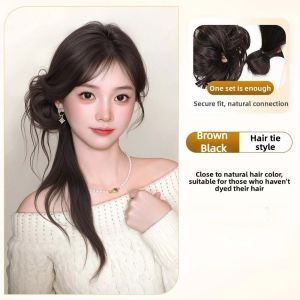 OMQAIO Synthetic Chic Messy Bun with Long Beard Natural-Looking Scrunchy Hair Band Hairpiece Easy to Use Elegant Fluffy Ponytail Extension for Women