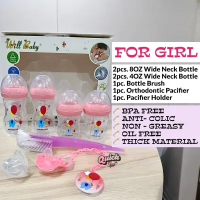7 IN 1 4OZ 8OZ Wide-Neck Baby Bottle Newborn Feeding Set with Orthodontic Pacifier Holder & Brush