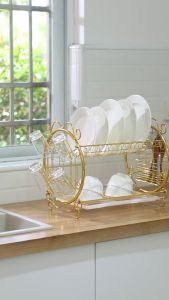 GSlife 2/3 Tier Luxury Gold Electroplated Rak Pinggan Mangkuk Anti Rust Dish Rack With Cup Holder