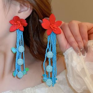 CHARMST Korean Style Tassel Flower Earrings Minority Design Jewelry Accessories Beaded Earrings Elegant Tassel Fairy Flower Dangle Earring Wedding