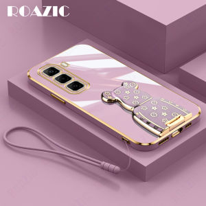 ROAZIC Bear Holder Phone Case for infinix Hot 50 5G With Lanyard Electroplate Casing Soft Silicone Bracket Shockproof Back Cover JT02-2