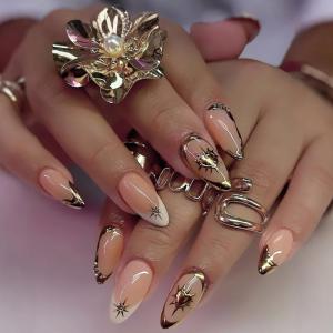 24 Pieces Medium French False Nail Almond Press On Nail Rhinestones Embellished 3D Stars Design Acrylic Stick on Nail