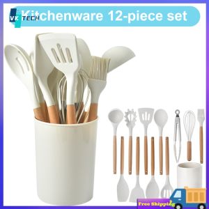 [Vktech] Stylish 12-Piece Kitchen Utensil Set with Heat-Resistant Wooden Handles for Cooking and Serving