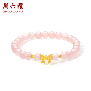 ZHOU LIU FU 周六福 24K Solid Gold Bracelet for Women Fashion Bow Charm Ross Quartz Beaded Bracelet 17cm A1911408