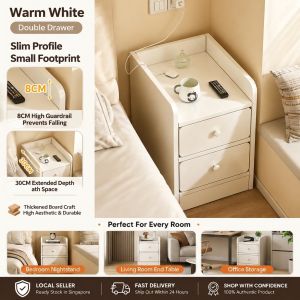 (SG SELLER) Narrow Nightstand With Drawers Small Bedside Table Minimalist Bedside Cabinet End Table White with 8cm Guardrail for Bedroom Living Room Office Storage