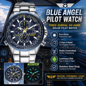 Mens Watch Blue Angels Pilot Chronograph Stainless Steel Quartz Triple Subdials Six Hands Analog Multifunction Dress Business Casual