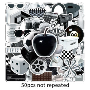 50PCS Black White Simple Cartoon Sticker Personalized Creative Trendy Graffiti Decal Decorative Laptop Suitcase Waterproof Removable Sticker