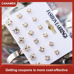【CANAMEK 】 Fashion Simple 9 Pairs set Mix Stud Earrings Set Square Geometric Earrings For Women New Rhinestone Crystal Earrings Jewelry