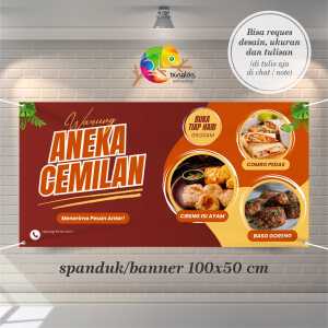 Cetak Spanduk Banner Oranye dan Kuning Organik Minimalis Banner Warung Aneka Cemilan