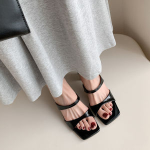 Square Toe Straight Strap Nude Sandals Woman Summer Block Heel Open Toe Wearing Sandals Black High Heels Women