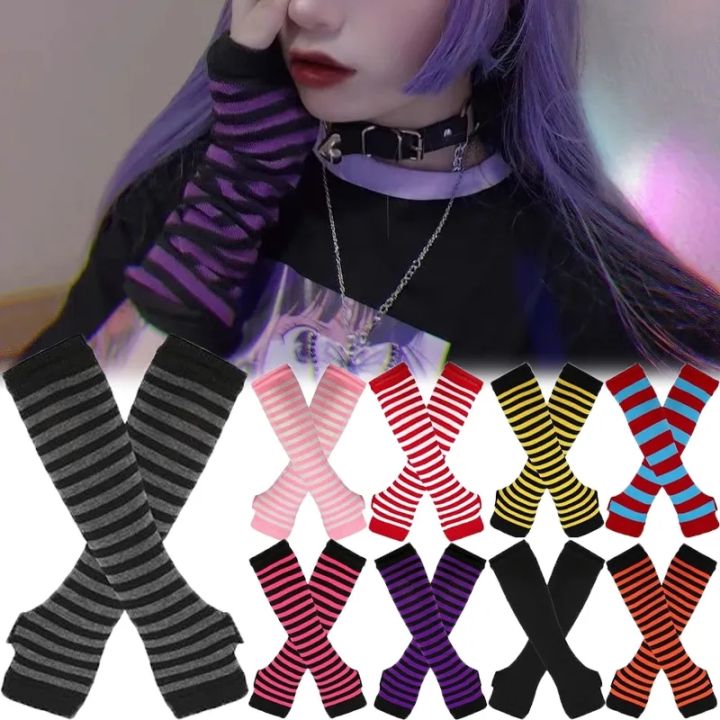 Punk Gothic Striped Long Arm Knitted Fingerless Gloves Outdoor Arm