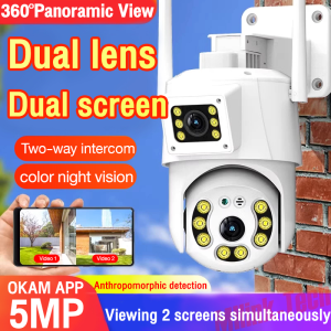 【Upgrade the head warning light】dual lens cctv camera wireless 5mp cctv camera wifi connect 360 Outdoor Waterproof cctv camera connect cellphone with Anti-theft Siren Alarm Dual Lens Zoom PTZ CCTV O-KAM APP