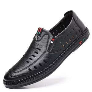2025 New MenS Sandals Genuine Leather Business Hollow Perforated MenS Shoes Soft Sole DadS Leather Shoes White