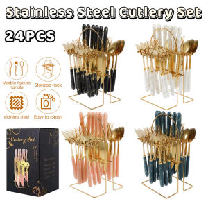 24PCS Stainless Steel Fork Spoon Set Platinum Cutlery Holder Ceramic Handle Dinner Knife