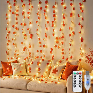 Fall Maple Leaves Curtain String Lights 3x1M 8 Modes Remote Control Timer Warm White Fairy Lighting for Thanksgiving Halloween Indoor Outdoor Bedroom Window Wall Decor Lighting
