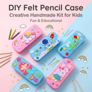 Kids Educational DIY Sewing Craft Kit Eco Friendly Felt Cartoon Pencil Box Making Set Pre-Cut Non-Woven Fabric Patches Handmade Stationery Box Parent Child Interactive Toy Birthday Present
