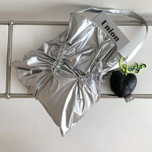 CRNGW Fold Bow Drawstring Bag Korean Style Bowknot Silver Tote Bag Sweet Handbag Nylon Ruched Shoulder Bag Women