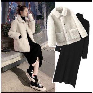 Sét áo khoác lông cừu cổ bẻ và váy len dáng dài giữ nhiệt siêu ấm đẹp sang chảnh