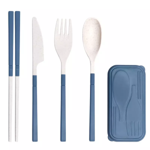 4pcs Set Portable Reusable Folding Save Space Wheat Straw Chopstick Spoon Fork Knife Cutlery Set with Case