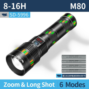 Smiling Shark SD5996 Super Bright Flashlight Led M80 15000 Lumens Powerful Torchlight Cool Colorful 6 Modes 181300USB Rechargeable Zoomable Torch Outdoor Camping Hiking Lighting