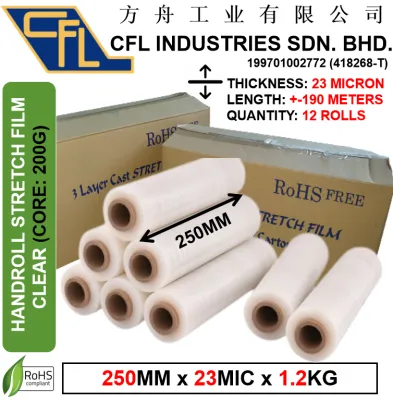 CLEAR STRETCH FILM【CFL】250MM (WIDTH) x 23MIC (THICKNESS) x 1.2KG (*1 ROLL / 12 ROLLS*) 【PLASTIC WRAPPING / PALLET WRAPPING FILM】 工业、家用 缠绕膜 / 拉伸膜