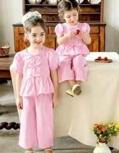 CC Elegant Pink Striped Bowknot Blouse with Ruffle Sleeves and Wide Leg Pants Set for Women
