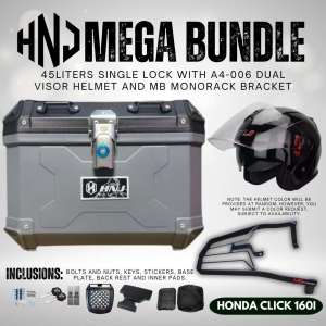 HNJ Mega Bundle A01s Single Lock 45L (GREY) Topbox and A4-006 Dual Visor Helmet with MB Monorack Bracket