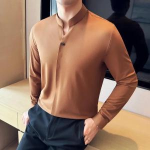 Mens High-End Elasticity Traceless Lapel T-shirt Brown Slim Top New Chinese Stand Collar Long Sleeve Polo Shirt